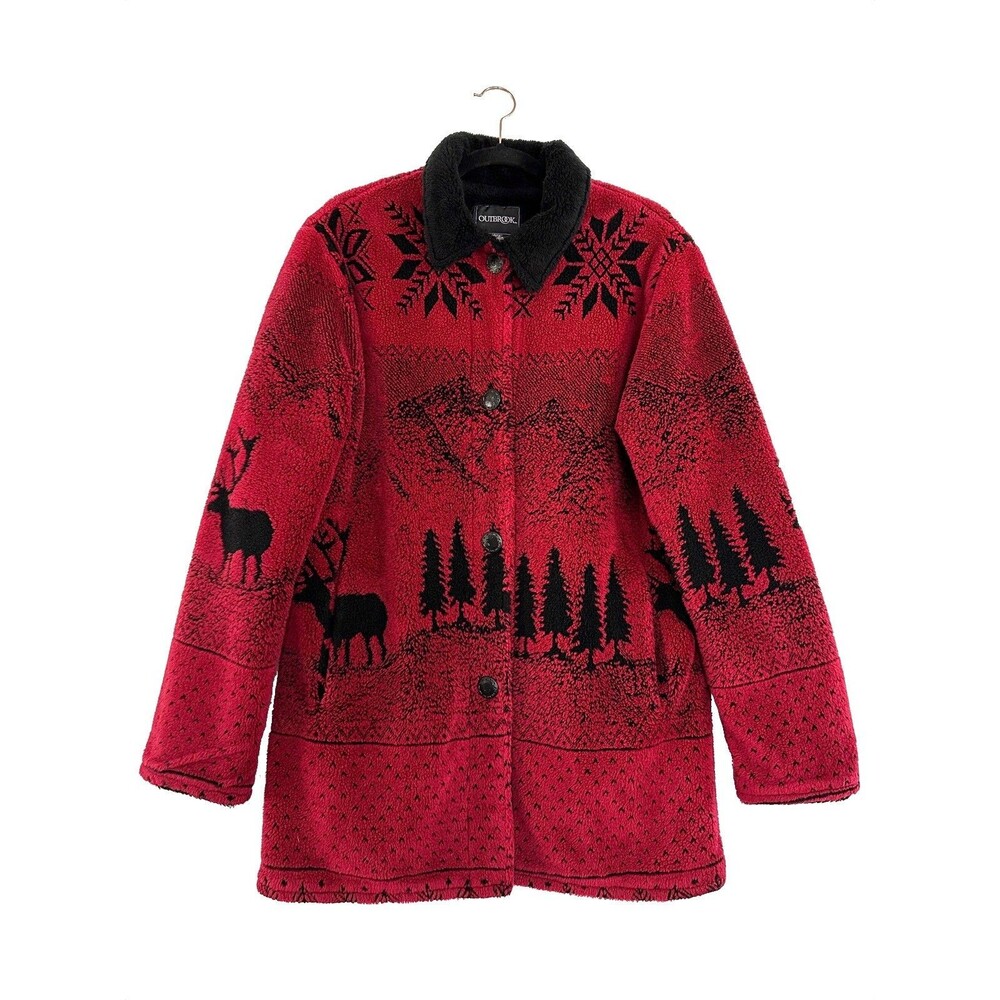 Vintage Outbrook Red Plush Fleece Coat Outdoor Moose Cabin Country Medium